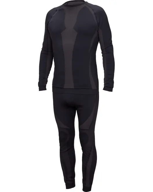 Sort langærmet basislag-sæt med tætsiddende trøje og lange leggings samt diskrete mørkere paneler.