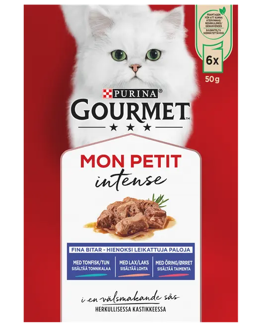 Purina Gourmet Mon Petit Intense kattmat, 6 x 50g påsar, fina bitar i sås med tonfisk, lax och öring. Röd och vit förpackning med vit katt.