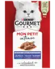 Purina Gourmet Mon Petit Intense kattmat, 6-pack med 50g påsar, blandade smaker (kalkon, kyckling, anka), fina bitar i sås, röd förpackning med vit katt.