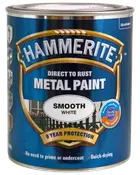 Hammerite glat hvid metalmaling, direkte på rust, 8 års beskyttelse, vandafvisende, hurtigtørrende, ingen grunding nødvendig, egnet til metaloverflader, anti-korrosion.