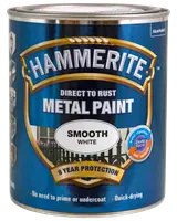 Hammerite Direkte på Rust Metal maling spraydåse, glat hvid finish, 8 års beskyttelse, ingen grund til grunder, hurtigtørrende, egnet til metaloverflader, blå og hvid emballage.