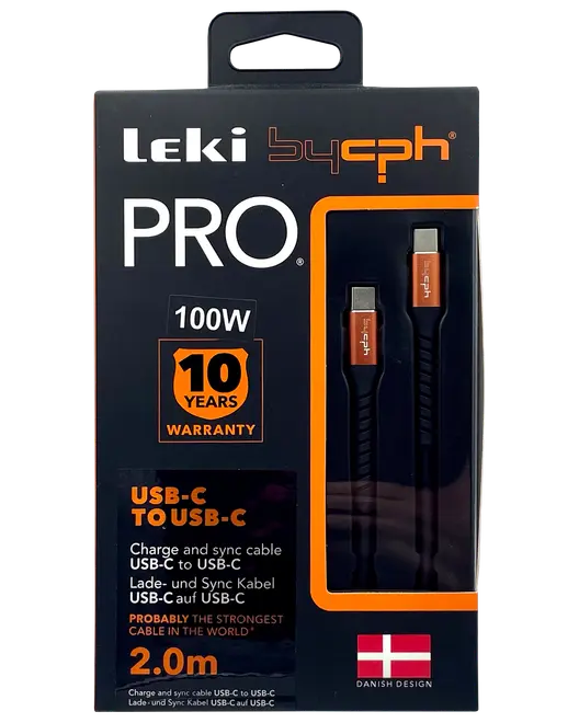 Leki bycph PRO USB-C til USB-C kabel, 2,0 m langt, 100W, sort med orange stik, 10 års garanti, til opladning og synkronisering, dansk design.