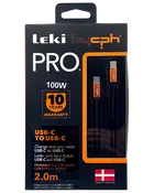 Leki bycph PRO USB-C til USB-C kabel, 2,0 m langt, 100W, sort med orange stik, 10 års garanti, til opladning og synkronisering, dansk design.