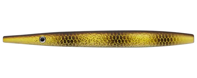 Lang slank fiskelokke med guldfarvet krop, bikubemønster, brun ryg, realistisk øje og tilspidset minnowsform.