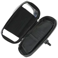 Sort rejsetaske med lynlås, indvendig netlomme, elastiske holdere til tilbehør og indbygget spejl. Kompakt design til organisering af småting som kosmetik eller plejeprodukter.