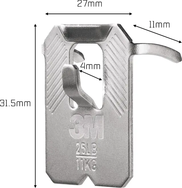 Metal vægophæng fra 3M, måler 31,5mm x 27mm x 11mm, kan bære op til 25lb (11kg), har krog og slids design for sikker montering.