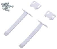 Set med två vita justerbara barnlås med monteringsfästen och skruvar, avsedda för att säkra skåp eller lådor mot barns åtkomst till farliga föremål.