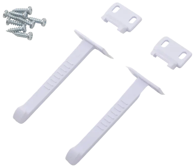 Set med två vita justerbara barnlås med monteringsfästen och skruvar, avsedda för att säkra skåp eller lådor mot barns åtkomst till farliga föremål.