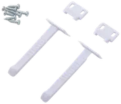 Sæt med to hvide justerbare børnesikringer med monteringsbeslag og skruer, designet til at sikre skabe eller skuffer mod børns adgang til farlige genstande.