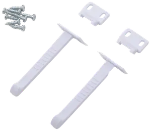 Set med två vita justerbara barnlås med monteringsfästen och skruvar, avsedda för att säkra skåp eller lådor mot barns åtkomst till farliga föremål.