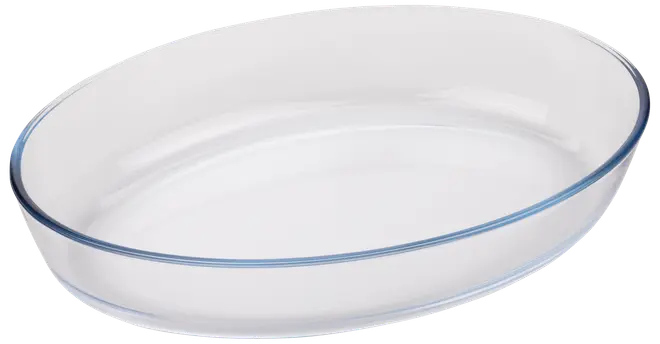 Ovalt glasfad med glatte sider og let hævet kant. Perfekt til ovnretter, servering af lasagne, gratin eller bagte grøntsager. Enkel og gennemsigtig stil.