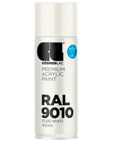 Cosmoslac RAL 9010 Pure White premium akryl spraymaling, 400 ml dåse. Mat finish, egnet til indendørs og udendørs brug. Nem påføring, hurtigtørrende, slidstærk dækning.