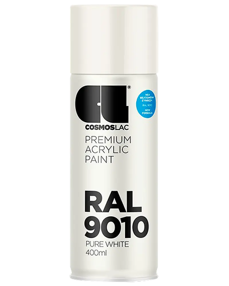 Cosmoslac RAL 9010 Pure White premium akryl spraymaling, 400 ml dåse. Mat finish, egnet til indendørs og udendørs brug. Nem påføring, hurtigtørrende, slidstærk dækning.