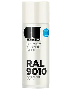 Cosmoslac RAL 9010 Pure White premium akryl spraymaling, 400 ml dåse. Mat finish, egnet til indendørs og udendørs brug. Nem påføring, hurtigtørrende, slidstærk dækning.