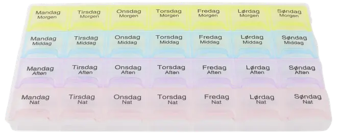 Veckopillerlåda med fyra rader för morgon, middag, kväll och natt. Varje fack är märkt på danska med veckodag och tid på dagen. Pastellfärgade lock.
