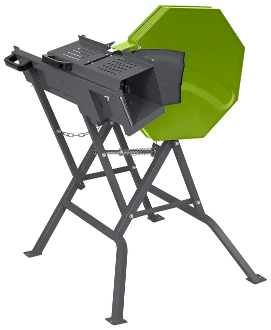 Elektrisk brændesav med grøn klingeafdækning, robust metalstel og foldbare ben. Ideel til sikker og effektiv opskæring af brænde til hjemmet eller professionelt brug.