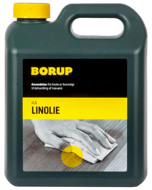 Plastdunk med gult låg, mærket 'Borup Rå Linolie.' Anvendes til behandling af træværk. Har bærehåndtag og billede af hånd, der påfører olie på træ.