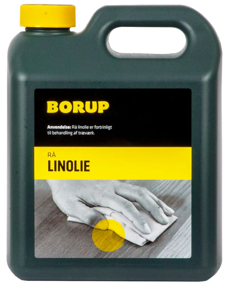 Plastdunk med gult låg, mærket 'Borup Rå Linolie.' Anvendes til behandling af træværk. Har bærehåndtag og billede af hånd, der påfører olie på træ.