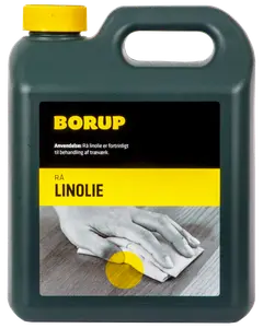 Plastdunk med gult låg, mærket 'Borup Rå Linolie.' Anvendes til behandling af træværk. Har bærehåndtag og billede af hånd, der påfører olie på træ.