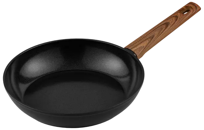 Sort non-stick stegepande med rund form og træhåndtag. Indersiden er glat og dyb, velegnet til madlavning. Håndtaget har et hul til ophæng.