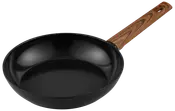 Sort non-stick stegepande med rund form og træhåndtag. Indersiden er glat og dyb, velegnet til madlavning. Håndtaget har et hul til ophæng.