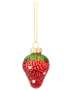 Juleornament i glas formet som et jordbær med rød, nubret overflade, grønne glitrende blade, hvide prikker, guldfarvet top og ophængssnor.
