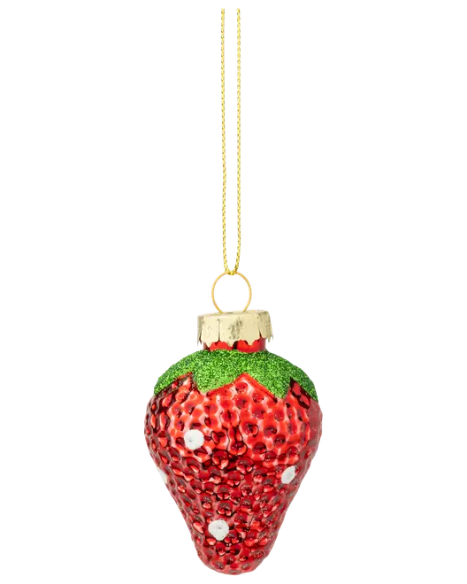 Juleornament i glas formet som et jordbær med rød, nubret overflade, grønne glitrende blade, hvide prikker, guldfarvet top og ophængssnor.
