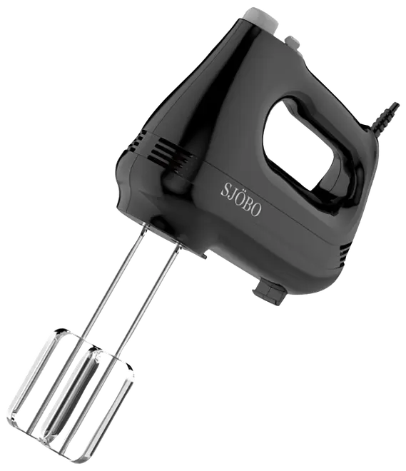 Sort håndmixer med to krompiskere, ergonomisk greb og SJOBO-logo.