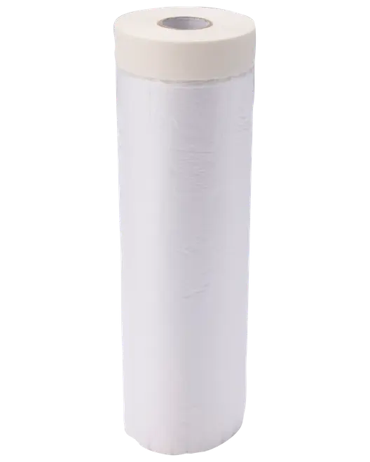 Vit cylindrisk pappersrulle med synlig pappkärna, slätt lagerlagt papper och visad stående mot neutral bakgrund.