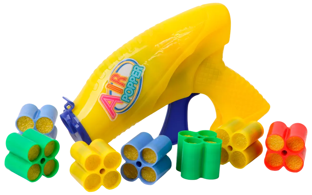 Gul plast Air Popper leksakspistol med flera färgglada skumdartkluster i grönt, blått, gult och rött. Inkluderar sex dartkluster för säker lek.
