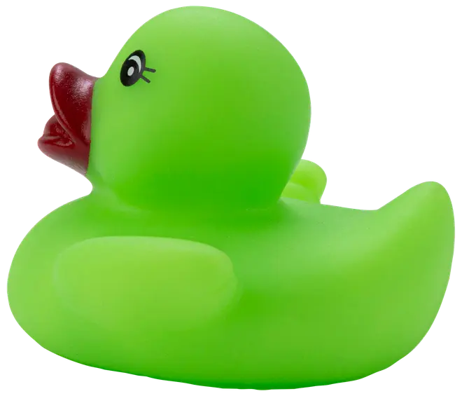 Grön badanka i gummi med röd näbb och svart öga, visad i sidoprofil.