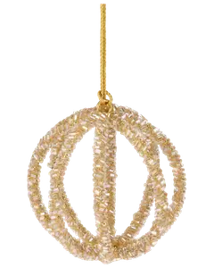 Guldfärgad juldekoration med pärlor i klotformad, öppen design med korsande ringar och guldupphängning. Ger en elegant och festlig känsla till julgranen.