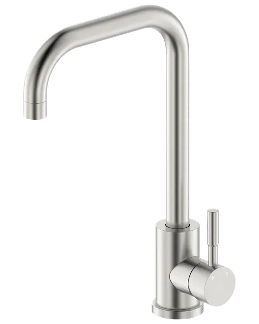 Modern kökskran i rostfritt stål med hög, böjd pip och enkel spak. Cylindrisk bas, borstad finish, hållbar och lätt att rengöra.