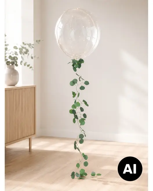 Genomskinlig heliumballong med hängande grön eukalyptusrankdekor.