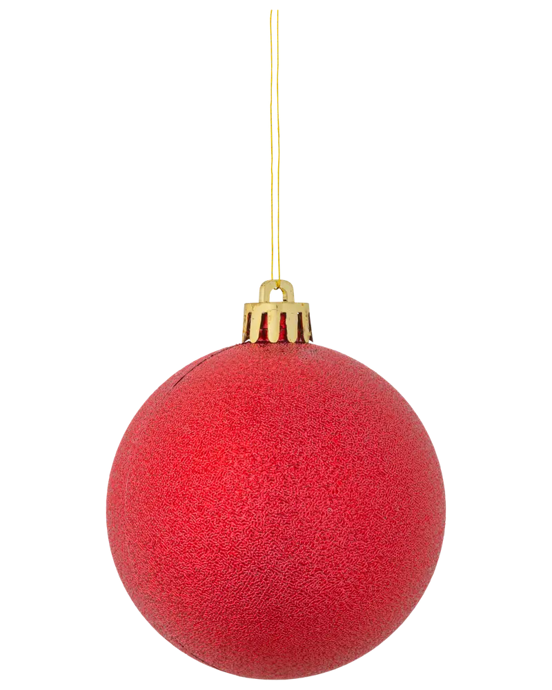 Röd matt julgranskula med guldfärgad topp och upphängningssnöre, lätt texturerad yta. Perfekt för juldekoration.