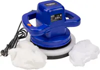Elektrisk bilpolerer med to håndtag, blå krop, strømkabel og to hvide poleringshætter. Designet til nem håndtering og effektiv polering af bilens overflader.