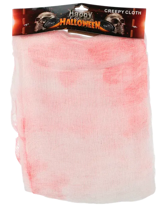 Halloween-tyg, vitt med röda fläckar, lätt och tunt material, perfekt för skrämmande dekorationer. Förpackad med dödskallekort och texten 'Happy Halloween Creepy Cloth'.