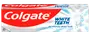 Colgate White Teeth tandpastaæske, rød og hvid, med tandgrafik og glimt, mærket til naturligt hvidere tænder. Velegnet til daglig mundhygiejne og blegning.