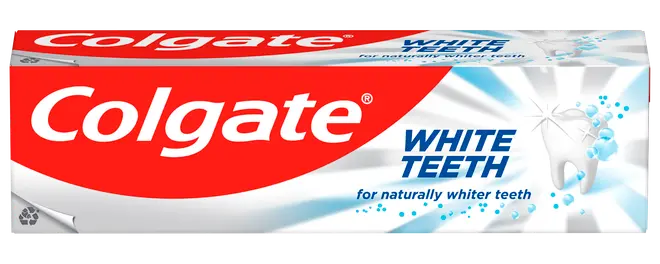 Colgate White Teeth tandpastaæske, rød og hvid, med tandgrafik og glimt, mærket til naturligt hvidere tænder. Velegnet til daglig mundhygiejne og blegning.
