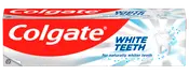 Colgate White Teeth tandpastaæske, rød og hvid, med tandgrafik og glimt, mærket til naturligt hvidere tænder. Velegnet til daglig mundhygiejne og blegning.