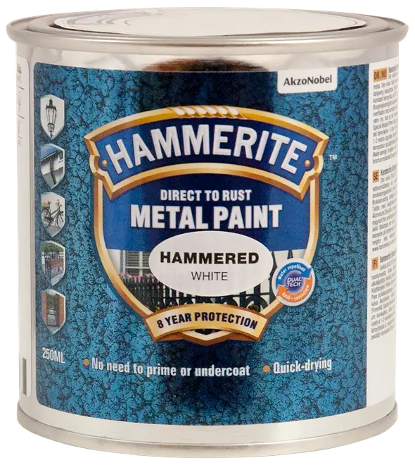 Hammerite Hammered White metalmaling, 250 ml dåse. Direkte på rust, ingen primer nødvendig, hurtigtørrende, 8 års beskyttelse. Til udendørs metaloverflader. Blå tekstureret label, AkzoNobel.