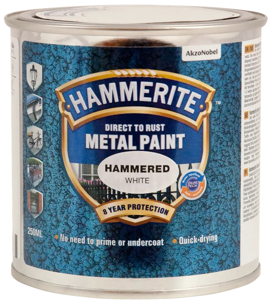 Hammerite Hammered White metalmaling, 250 ml dåse. Direkte på rust, ingen primer nødvendig, hurtigtørrende, 8 års beskyttelse. Til udendørs metaloverflader. Blå tekstureret label, AkzoNobel.