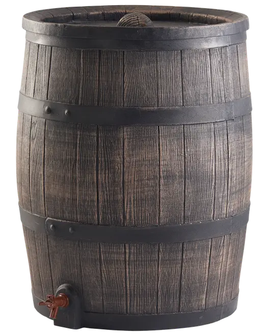 Stor regntønde med trælook, sorte bånd og en tappehane nederst. Tønden har et rustikt udseende og robust konstruktion til opsamling af regnvand.