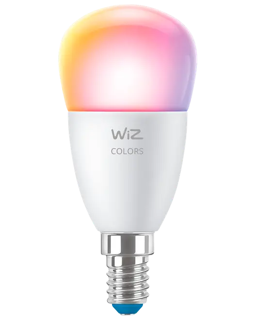 WiZ Colors smart LED-pære med E14-fatning, hvid krop og flerfarvet top. Velegnet til justerbar belysning, kompatibel med smart home-systemer. Moderne design og energieffektiv.