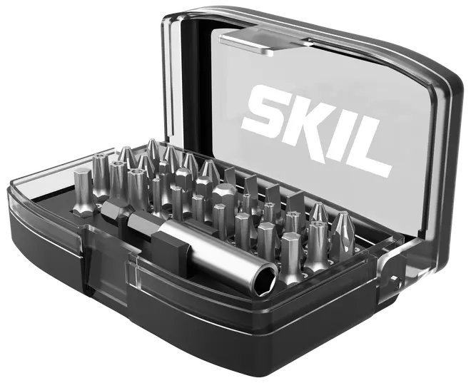 Kompakt SKIL-fodral med 25-delars skruvbitsset i olika typer och storlekar samt bithållare. Transparent lock för enkel översikt och säker förvaring.