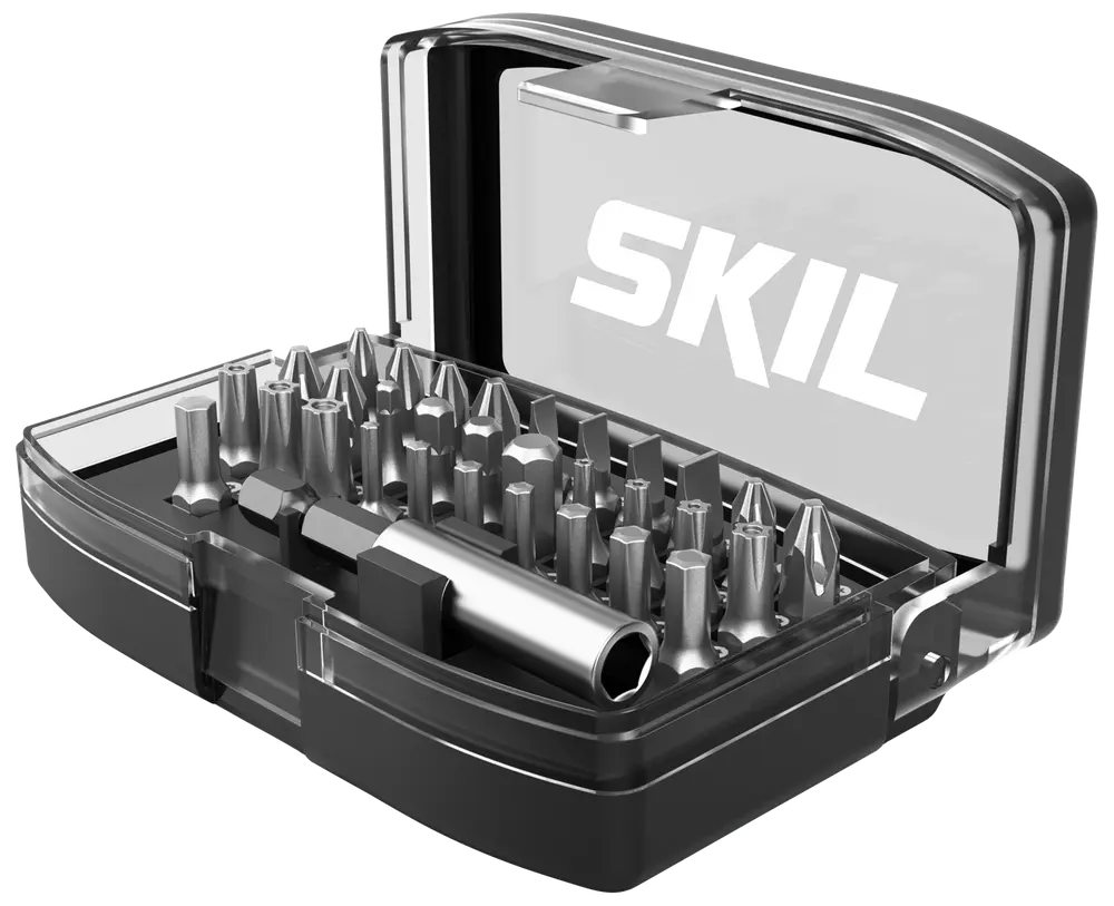 Kompakt SKIL-fodral med 25-delars skruvbitsset i olika typer och storlekar samt bithållare. Transparent lock för enkel översikt och säker förvaring.