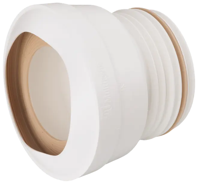 Vit plast toalettanslutning med flexibel, räfflad ände och slät öppning. Används för att ansluta toalett till avloppsrör. Gummitätning för säker, läckagefri montering.