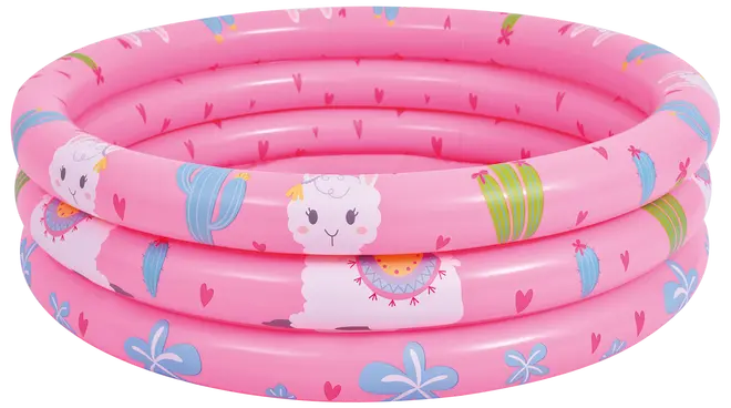 Lyserød oppustelig børnepool med tre ringe, dekoreret med lamaer, kaktusser, hjerter og blomster. Lavet af holdbar plast, velegnet til udendørs leg for små børn.