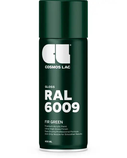 400 ml spraydåse med Cosmos Lac blank akrylmaling, RAL 6009 Fyrgrøn. Ultra-høj glans, hurtigtørrende formel og anti-dryp dyse for professionelle resultater.