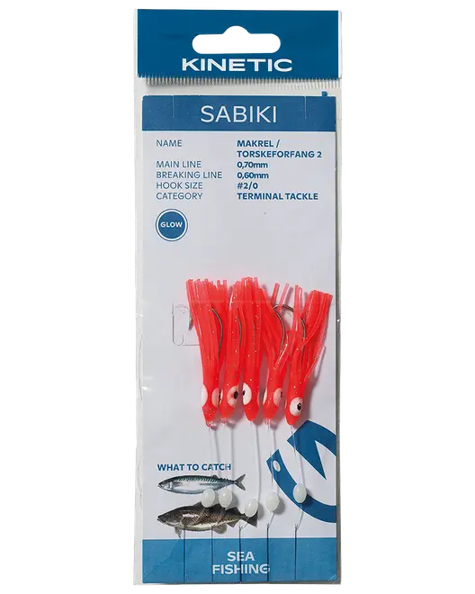 Kinetic Sabiki havfiskeri-forfang med røde glow-agn, størrelse 2/0, til makrel og andre saltvandsfisk.